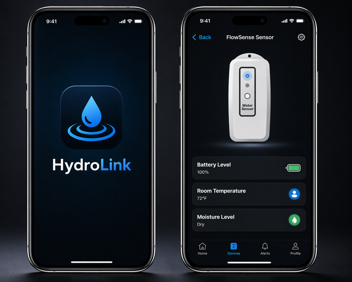 HydroLink mobile app showing live water usage and leak alerts