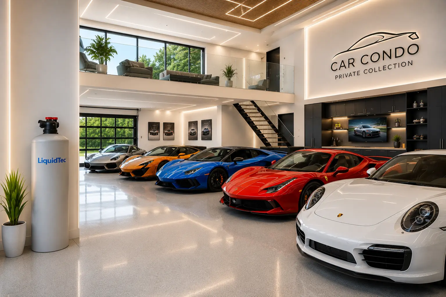 Car condo interior with a Liquid Tec treatment tank beside stored sports cars