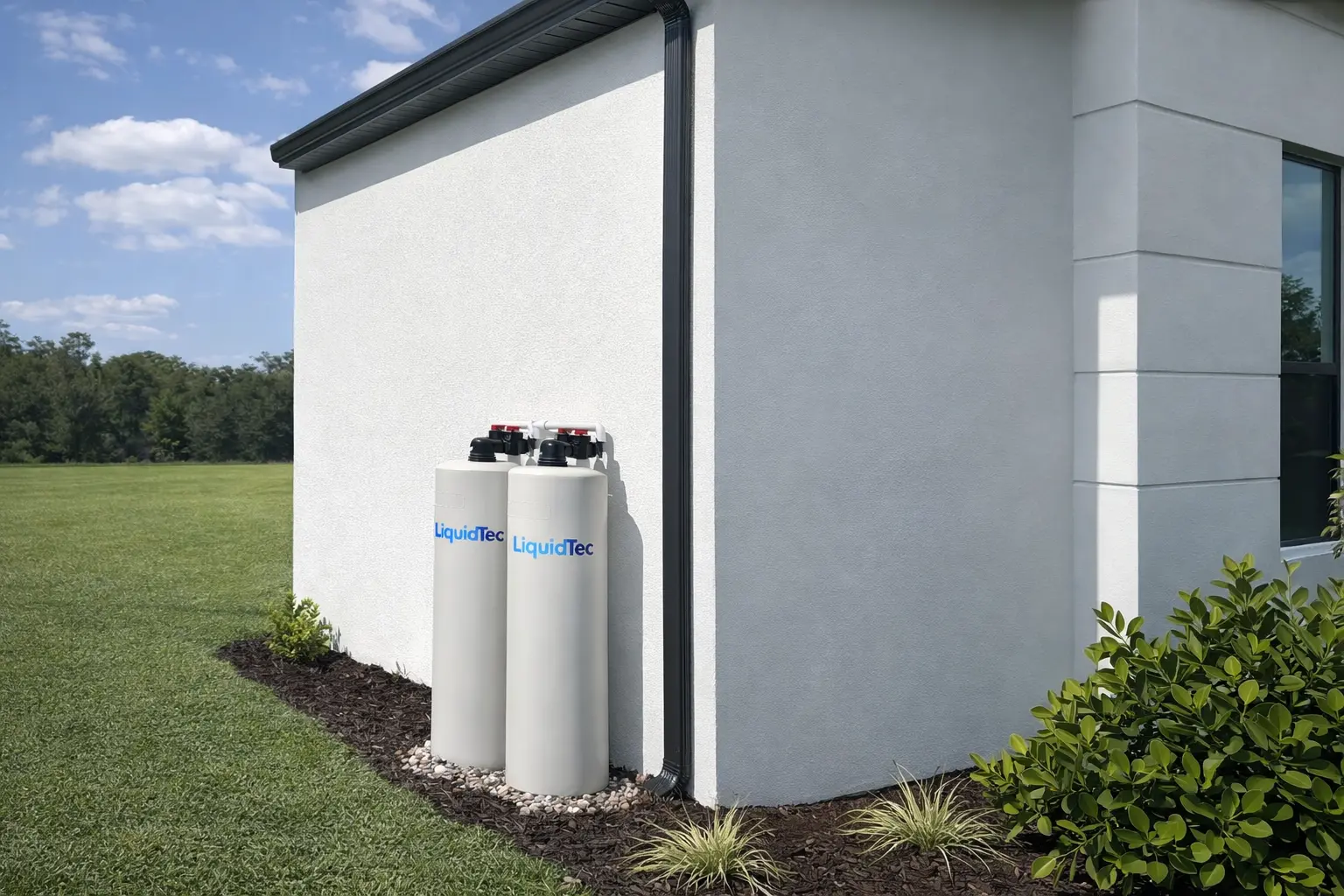 Two Liquid Tec PureHome tanks installed against the exterior wall of a Florida home