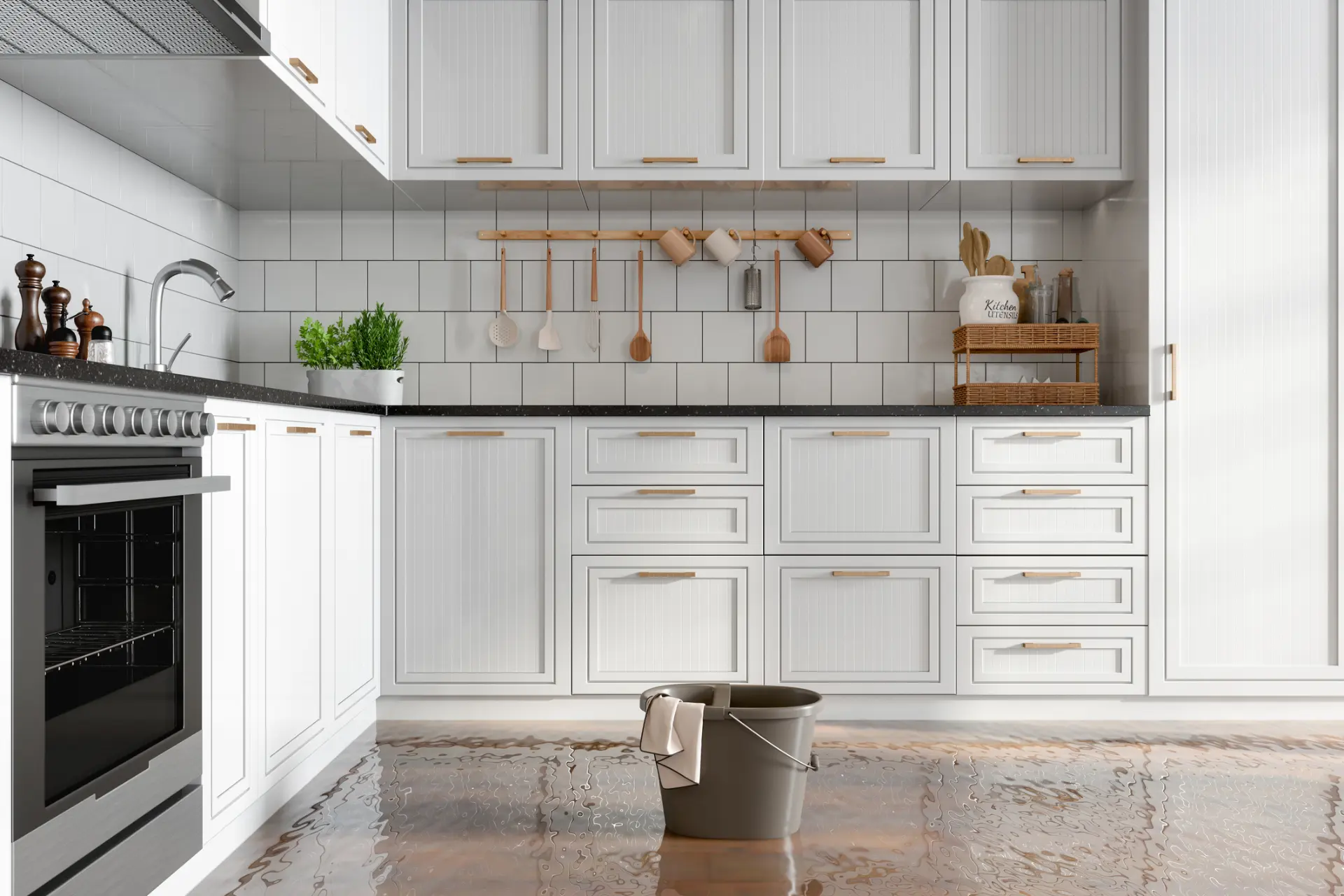 Water spreading across a kitchen floor from an appliance leak