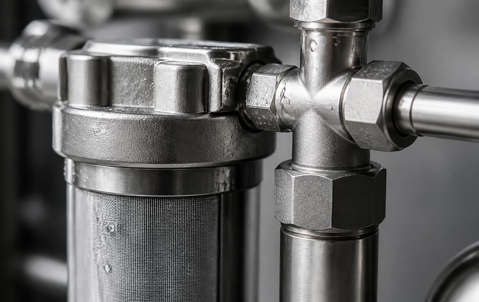Macro detail of polished stainless filtration fittings